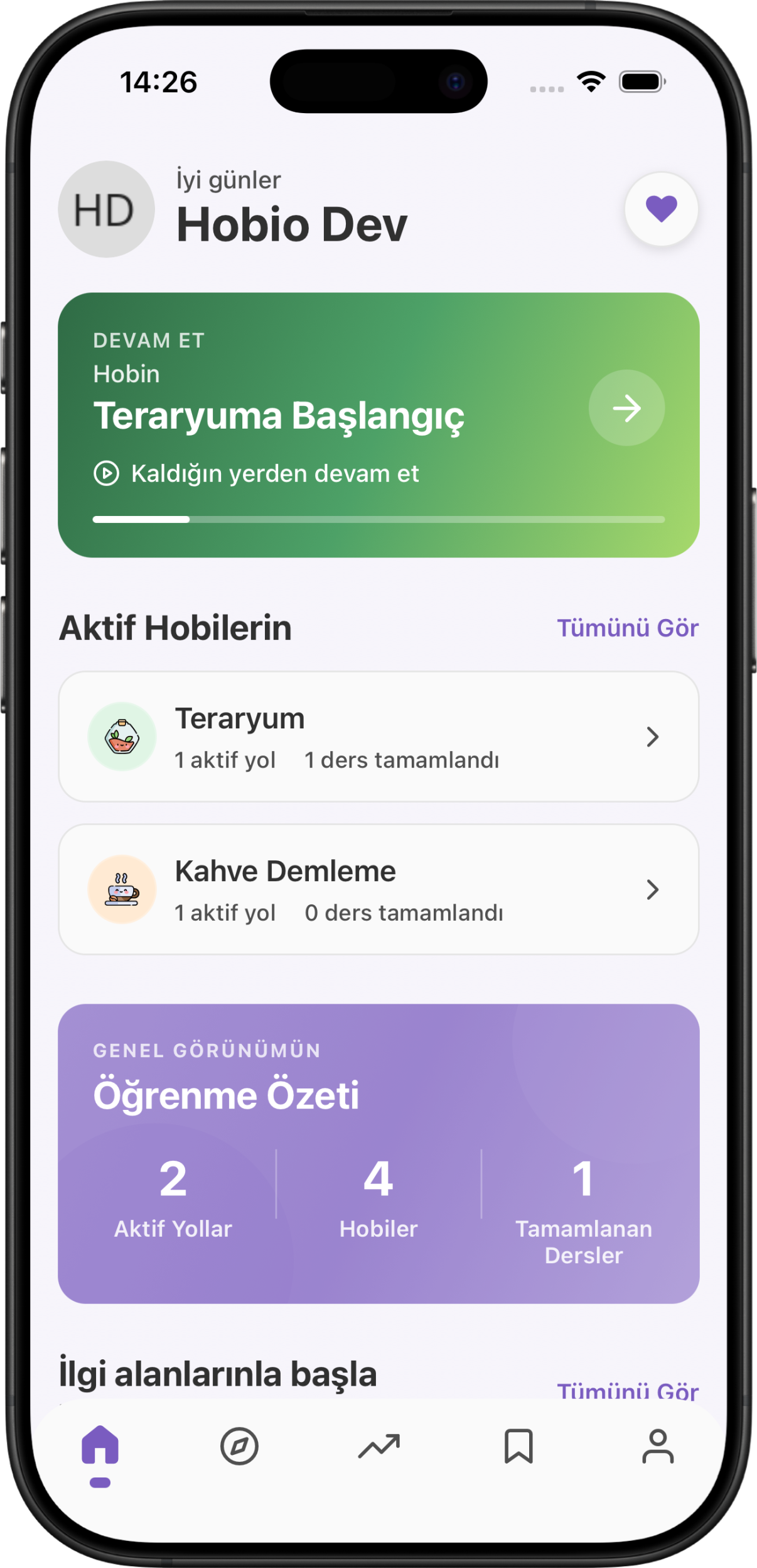 Hobio uygulama ana ekran ön izlemesi